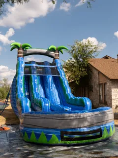 A palm tree-themed inflatable water slide set up at Paradise Live