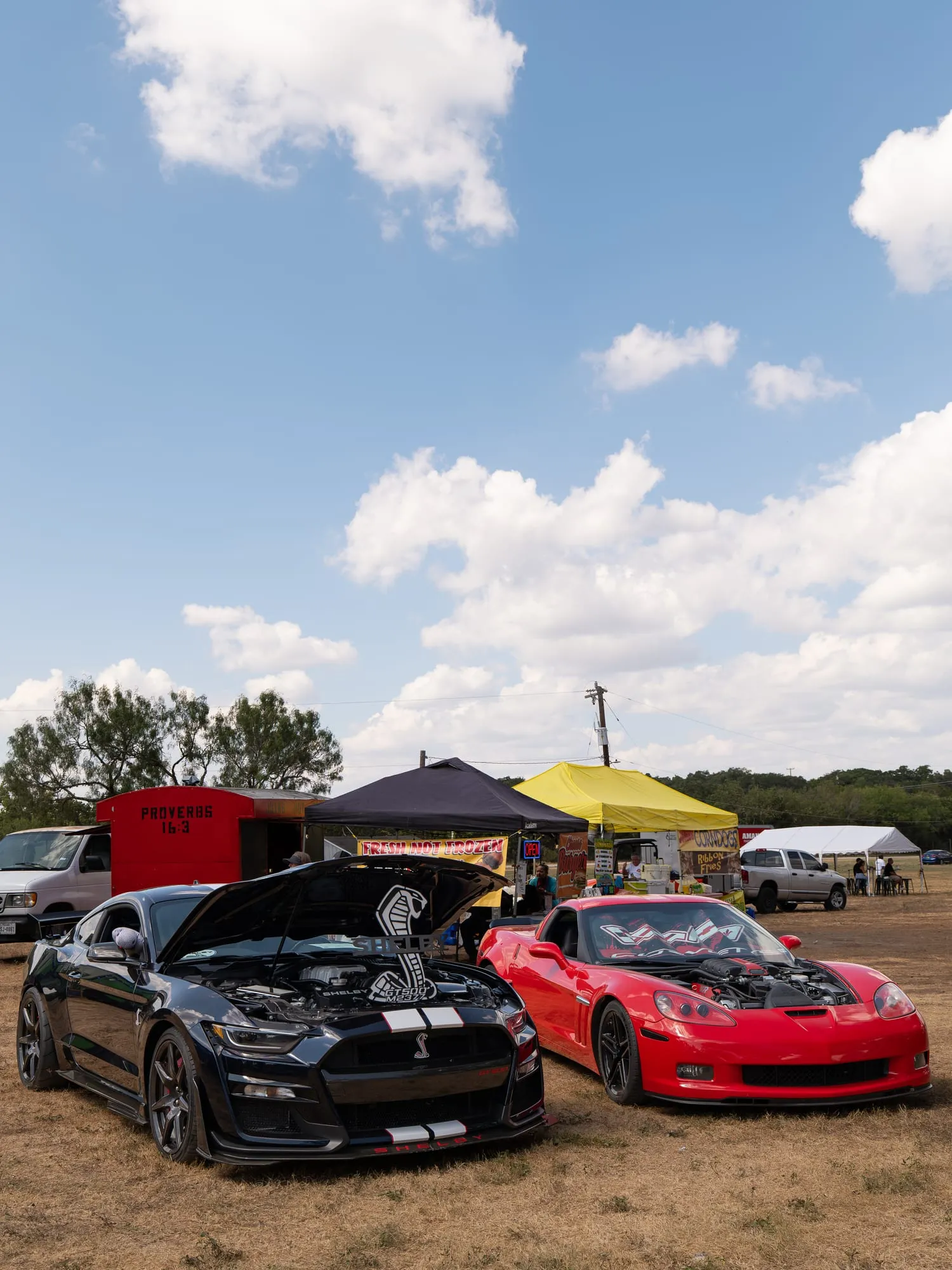 A wide view of cars and tents across the Paradise Live show grounds